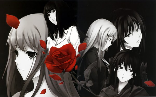 Anime picture 4928x3059 with kara no shoujo innocent grey long hair highres wide image black background flower (flowers) rose (roses) red rose