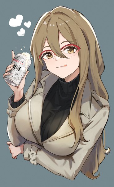 Anime picture 852x1388 with lycoris recoil nakahara mizuki ema (kuguiema) single long hair tall image fringe breasts simple background hair between eyes brown hair brown eyes upper body grey background breast hold girl glasses heart turtleneck alcohol