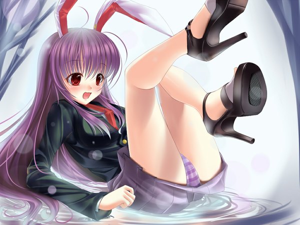 Anime picture 1000x750 with touhou reisen udongein inaba caidychen single long hair blush open mouth light erotic red eyes purple hair bunny ears bunny girl girl skirt underwear panties miniskirt