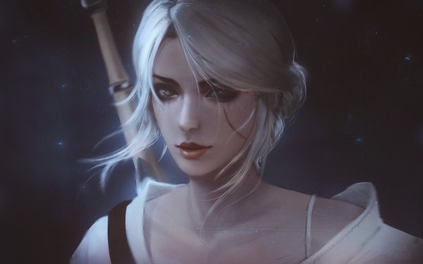 Anime picture 1920x1200 with the witcher the witcher 3 wild hunt ciri raikoart single looking at viewer blush highres short hair simple background blonde hair smile brown eyes upper body white hair wind lips realistic dark background scar
