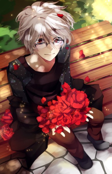 Anime picture 850x1314 with neon genesis evangelion rebuild of evangelion evangelion: 2.0 you can (not) advance evangelion: 3.0 you can (not) redo gainax nagisa kaworu squchan single tall image looking at viewer smile red eyes from above sunlight shadow looking up glow boy flower (flowers) glasses