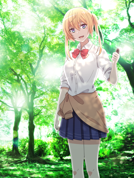 Anime picture 800x1067 with sounan desuka? onishima homare mari (marimaripink) single tall image looking at viewer blush fringe short hair open mouth blue eyes blonde hair smile hair between eyes standing twintails holding outdoors :d pleated skirt