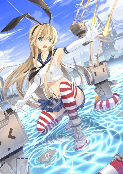 Anime picture 800x1131 with kantai collection shimakaze destroyer rensouhou-chan riki-to single long hair tall image open mouth light erotic blonde hair green eyes sky cloud (clouds) > < girl thighhighs gloves weapon miniskirt water