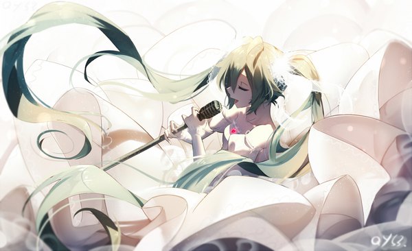 Anime picture 1100x671 with vocaloid hatsune miku qys3 single fringe open mouth simple background hair between eyes wide image white background twintails holding signed payot eyes closed long sleeves very long hair green hair puffy sleeves floating hair