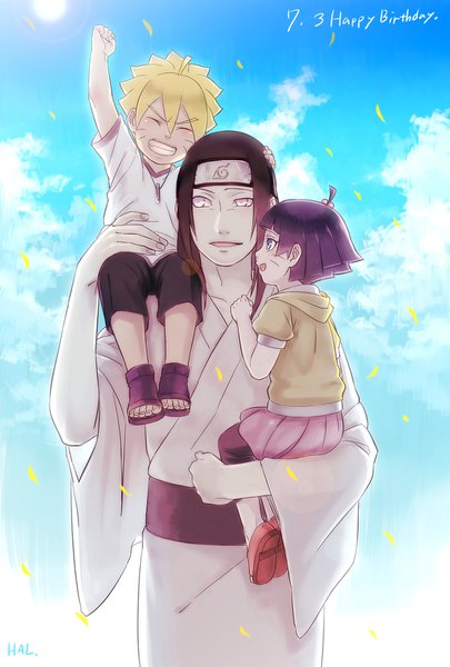 Anime picture 1181x1748 with naruto studio pierrot naruto (series) uzumaki boruto hyuuga neji uzumaki himawari hal (sakurajam) long hair tall image fringe short hair open mouth blue eyes blonde hair smile hair between eyes brown hair standing sitting purple eyes