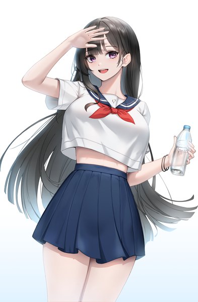 Anime picture 1666x2545 with original kawauso (ppdp7544) single long hair tall image looking at viewer fringe breasts open mouth black hair simple background smile standing white background purple eyes holding blunt bangs :d pleated skirt arm up