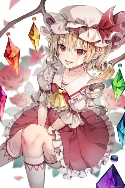 Anime picture 1500x2249 with touhou flandre scarlet unity (ekvmsp02) single long hair tall image looking at viewer blush fringe open mouth blonde hair hair between eyes red eyes signed bent knee (knees) lying pointy ears short sleeves fang (fangs) puffy sleeves