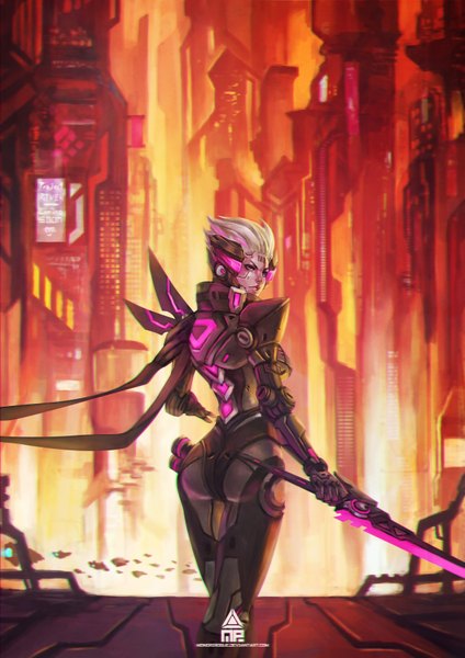 Anime picture 2480x3508 with league of legends fiora (league of legends) monori rogue single tall image highres short hair standing purple eyes ass looking back lips grey hair from behind girl weapon sword suit
