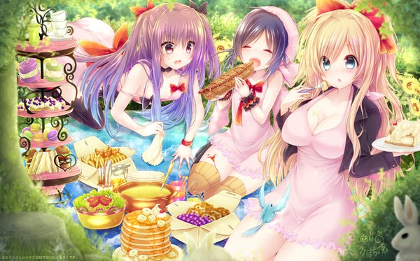 Anime picture 1245x774 with kabocha usagi long hair blush breasts open mouth blue eyes black hair blonde hair wide image sitting purple eyes multiple girls purple hair eyes closed eating girl thighhighs dress bow black thighhighs