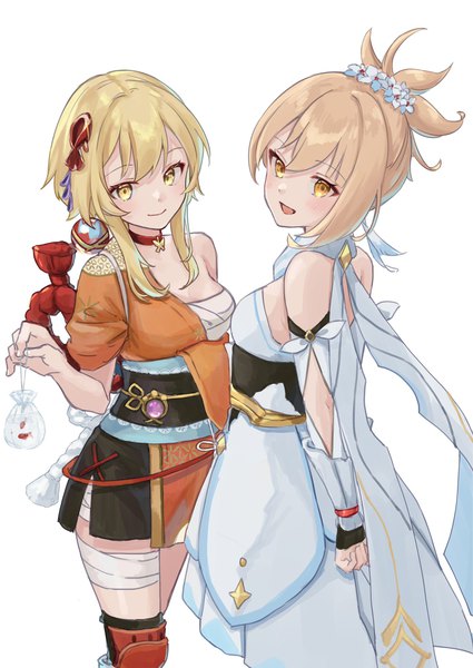 Anime picture 1450x2048 with genshin impact lumine (genshin impact) yoimiya (genshin impact) yu ri 0320 tall image looking at viewer blush fringe short hair breasts open mouth simple background blonde hair hair between eyes standing multiple girls yellow eyes traditional clothes :d japanese clothes