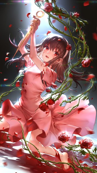 Anime picture 700x1250 with spy x family yor briar liiko single long hair tall image looking at viewer fringe open mouth black hair simple background smile hair between eyes red eyes holding payot full body :d barefoot hair flower