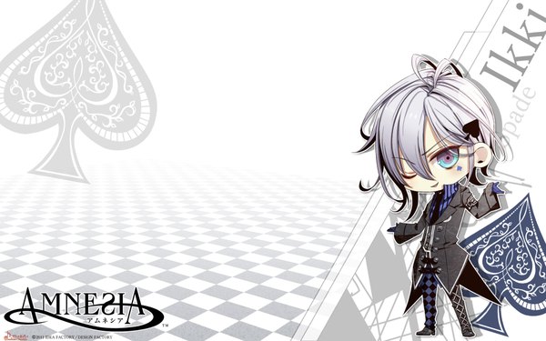 Anime picture 1920x1200 with amnesia idea factory ikki (amnesia) single highres short hair simple background wide image purple eyes silver hair one eye closed wink inscription hieroglyph chibi checkered floor boy