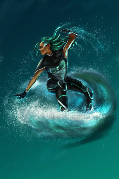 Anime picture 1024x1533 with bishoujo senshi sailor moon toei animation jadenwithwings (artist) single long hair tall image simple background profile green hair aqua hair alternate costume surfing girl gloves splashes wave (waves)