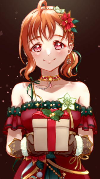 Anime picture 1350x2400 with love live! sunshine!! sunrise (studio) love live! takami chika toine single tall image looking at viewer blush fringe short hair breasts simple background smile red eyes large breasts standing bare shoulders holding upper body