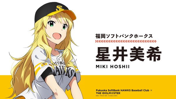 Anime picture 1920x1080 with idolmaster idolmaster (classic) nippon professional baseball fukuoka softbank hawks hoshii miki single long hair highres open mouth blonde hair wide image green eyes official art copyright name character names girl uniform baseball cap baseball uniform