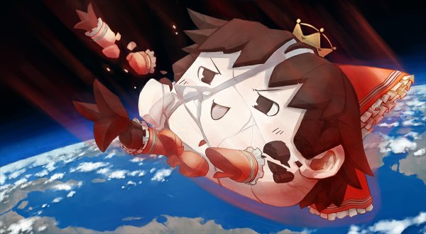 Anime picture 1015x558 with touhou hakurei reimu haruno (artist) brown hair wide image brown eyes no people space falling yukkuri shiteitte ne bow hair bow crown stone (stones) statue earth atmospheric reentry