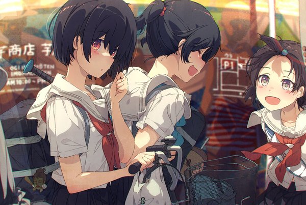 Anime picture 2013x1352 with original ogipote looking at viewer highres short hair open mouth black hair smile red eyes multiple girls brown eyes ponytail eyes closed blurry short sleeves girl uniform hair ornament serafuku 3 girls