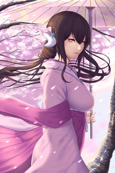 Anime picture 1170x1754 with azur lane mikasa (azur lane) mikasa (sakura viewing day) (azur lane) shiro usagi single long hair tall image looking at viewer fringe breasts hair between eyes brown hair large breasts standing holding yellow eyes payot outdoors nail polish traditional clothes