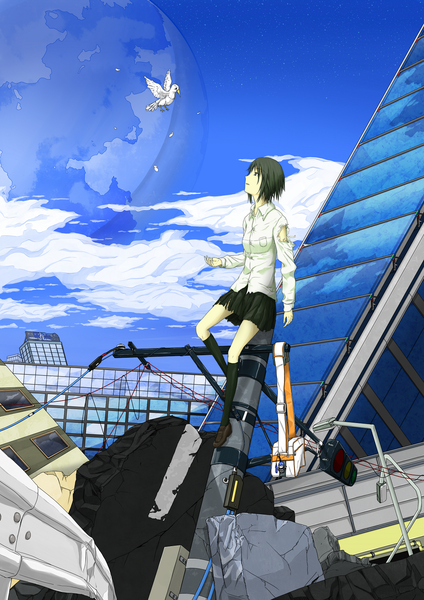 Anime picture 1158x1637 with original r-o-r' (pixiv) single tall image short hair open mouth black hair brown eyes cloud (clouds) full body torn clothes looking up ruins destruction girl skirt uniform school uniform animal socks