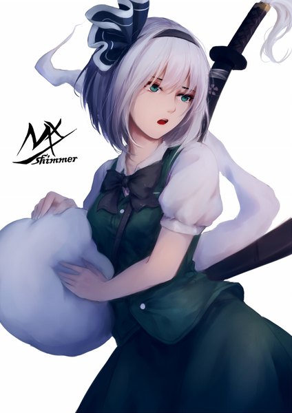 Anime picture 1240x1753 with touhou konpaku youmu myon shimmer single tall image fringe short hair open mouth simple background hair between eyes white background holding green eyes signed looking away silver hair head tilt teeth :o