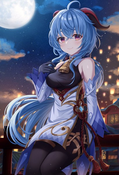 Anime picture 1937x2835 with genshin impact ganyu (genshin impact) funii single tall image looking at viewer blush fringe highres breasts smile hair between eyes standing purple eyes blue hair cloud (clouds) ahoge horn (horns) night arm support