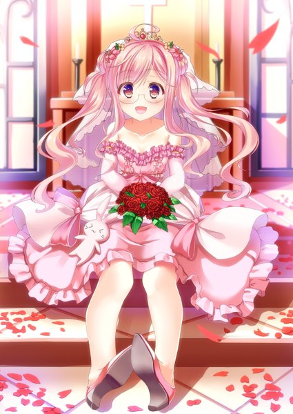 Anime picture 1062x1500 with kantai collection makigumo destroyer sakurano yukke single long hair tall image looking at viewer blush open mouth brown eyes pink hair girl dress flower (flowers) petals glasses rose (roses) bouquet red rose wedding dress