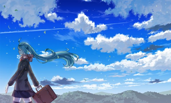 Anime picture 853x512 with vocaloid hatsune miku amemura single long hair wide image twintails holding sky cloud (clouds) ahoge eyes closed wind aqua hair mountain exhalation girl thighhighs skirt black thighhighs