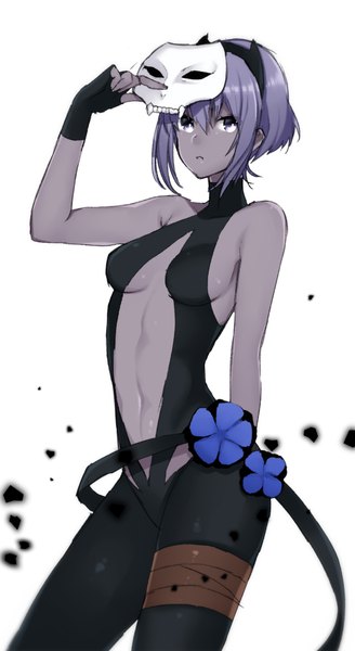 Anime picture 548x1000 with fate (series) fate/grand order fate/prototype hassan of serenity (fate) enoshabu single tall image looking at viewer fringe short hair breasts light erotic simple background white background purple eyes holding purple hair girl navel flower (flowers)