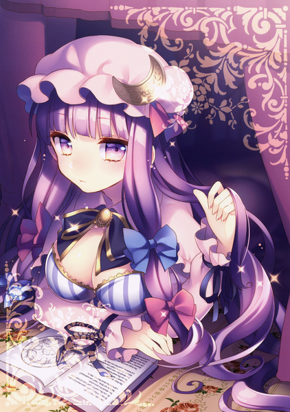 Anime picture 2107x2997 with touhou patchouli knowledge masaru.jp single long hair tall image looking at viewer blush fringe highres purple eyes cleavage purple hair scan crescent girl bow hair bow book (books) moon
