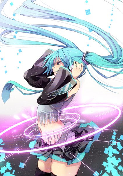 イラスト 1039x1476 と ボーカロイド 初音ミク fu-ta ソロ 長髪 長身像 前髪 simple background 立つ ツインテール 肩出し looking away parted lips pleated skirt aqua eyes aqua hair wide sleeves arms up bare belly 絶対領域