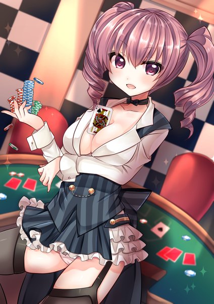 Anime picture 2894x4093 with original honeylip single long hair tall image looking at viewer blush highres breasts open mouth light erotic purple eyes twintails cleavage purple hair scan pantyshot casino girl thighhighs