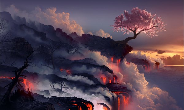 Anime picture 1418x848 with original arcipello wide image sky cloud (clouds) cherry blossoms evening sunset smoke mountain no people scenic bare tree rock morning sunrise lava plant (plants) tree (trees) water