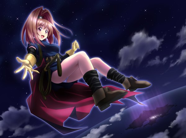 Anime picture 6050x4480 with dragon quest nakajima akihiko single long hair highres open mouth light erotic red eyes brown hair absurdres cloud (clouds) ponytail night pantyshot weightlessness girl gloves boots star (stars)