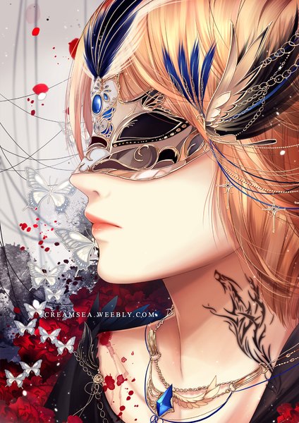 Anime picture 724x1024 with original creamsea single tall image fringe short hair simple background blonde hair profile lips grey background tattoo watermark portrait head wings blood stains girl petals wings choker