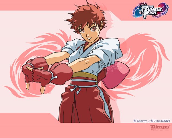 Anime picture 1280x1024 with the rumble fish (game) hikari (the rumble fish) single looking at viewer short hair red eyes red hair traditional clothes japanese clothes pink background girl kimono fingerless gloves