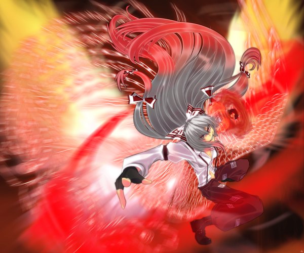 Anime picture 2940x2450 with touhou fujiwara no mokou kumonji aruto single long hair highres red eyes silver hair multicolored hair grey hair mouth hold girl gloves bow hair bow wings fingerless gloves pants fire