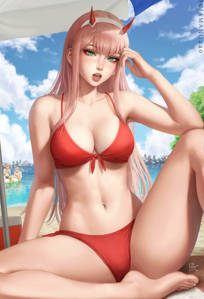 Anime picture 2057x3000 with darling in the franxx studio trigger zero two (darling in the franxx) gorou (darling in the franxx) zorome (darling in the franxx) sciamano240 long hair tall image looking at viewer fringe highres breasts open mouth light erotic large breasts sitting signed pink hair sky cleavage