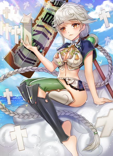 Anime picture 950x1300 with kantai collection unryuu aircraft carrier bud (znehgneh2) single tall image blush fringe light erotic hair between eyes sitting holding brown eyes looking away sky cleavage silver hair cloud (clouds) braid (braids) very long hair traditional clothes