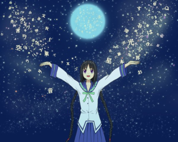 Anime picture 1280x1024 with bungaku shoujo amano tooko black hair purple eyes twintails night uniform school uniform moon