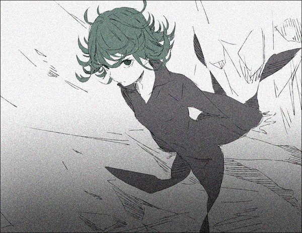 Anime picture 800x619 with one-punch man madhouse tatsumaki hakusai (tiahszld) single looking at viewer short hair simple background green eyes green hair from above grey background messy hair girl dress black dress
