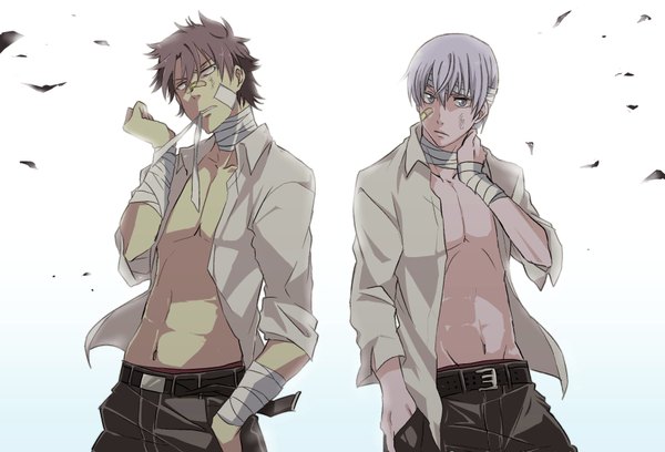 Anime picture 1770x1205 with beelzebub studio pierrot oga tatsumi furuichi takayuki tagme (artist) highres short hair simple background brown hair white background silver hair open clothes multiple boys open shirt bandaid on face bandaid on nose boy navel belt 2 boys