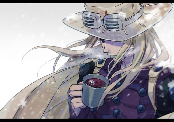Anime picture 1200x845 with jojo no kimyou na bouken steel ball run gyro zeppeli doran7280 single long hair blonde hair wind lipstick letterboxed exhalation goggles on head hat over eyes green lipstick boy hat cape goggles snowflake (snowflakes) mug