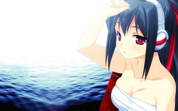 Anime picture 1280x800 with single light erotic black hair red eyes wide image ponytail covering covering breasts girl headphones bandage (bandages)