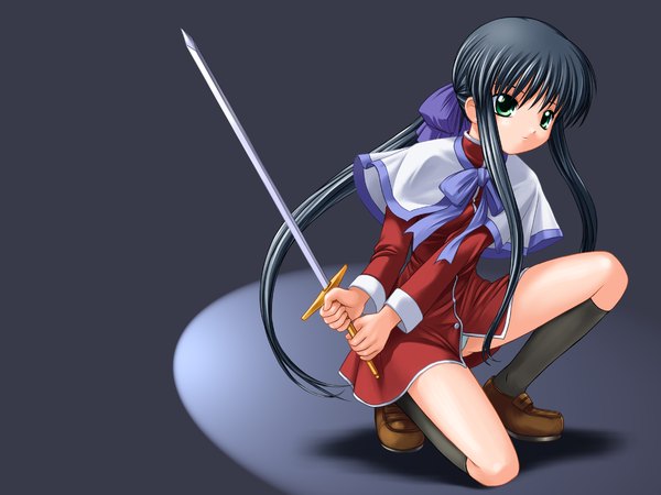 Anime picture 1600x1200 with kanon key (studio) kawasumi mai bosshi highres light erotic pantyshot sitting girl uniform underwear panties school uniform sword