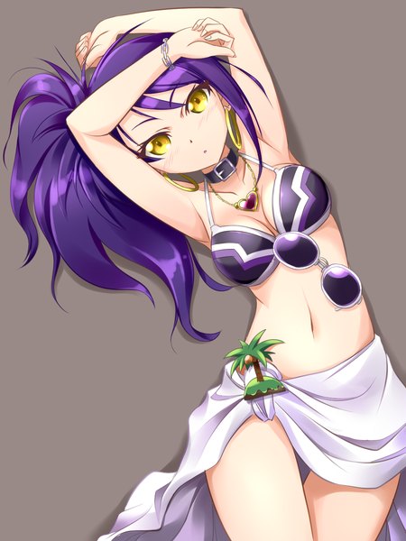 Anime-Bild 1050x1400 mit puri para pretty (series) toudou shion matatabi (2ccp) single long hair tall image looking at viewer blush fringe light erotic simple background standing bare shoulders yellow eyes purple hair grey background arms up bare legs bare belly