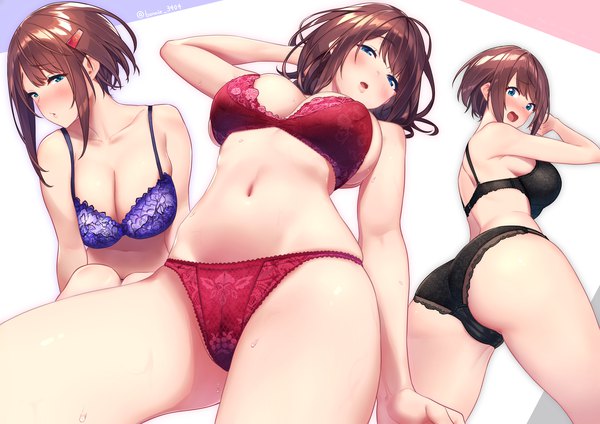 Anime picture 3541x2507 with original hitoyo (baffu) baffu looking at viewer blush fringe highres short hair breasts open mouth blue eyes light erotic simple background brown hair large breasts standing white background bare shoulders signed payot