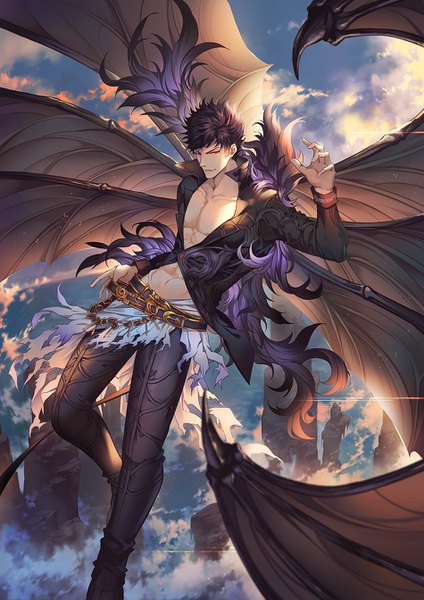 Anime picture 950x1344 with granblue fantasy belial (granblue fantasy) darkavey single tall image looking at viewer short hair black hair red eyes sky cloud (clouds) bent knee (knees) from above hand on hip flying muscle partially open clothes multiple wings dragon wings boy