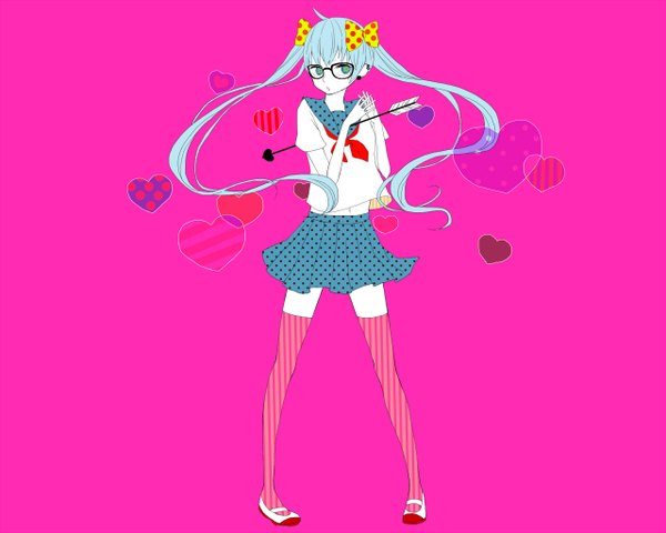 Anime picture 1280x1024 with vocaloid hatsune miku single long hair simple background twintails ahoge aqua eyes aqua hair pink background polka dot girl thighhighs bow hair bow glasses serafuku heart striped thighhighs arrow (arrows)