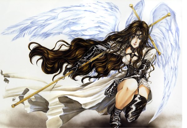 Anime picture 5090x3500 with angel sanctuary alexiel yuki kaori single long hair highres brown hair absurdres grey eyes angel wings girl dress gloves wings elbow gloves boots staff