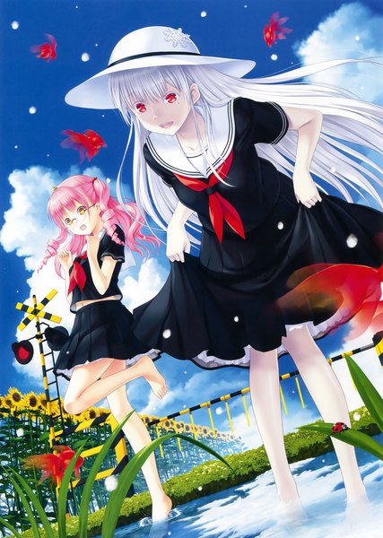 Anime picture 2350x3300 with original eshi 100-nin ten na-ga long hair tall image highres open mouth red eyes multiple girls pink hair sky cloud (clouds) white hair barefoot scan official art bare legs orange eyes girl dress